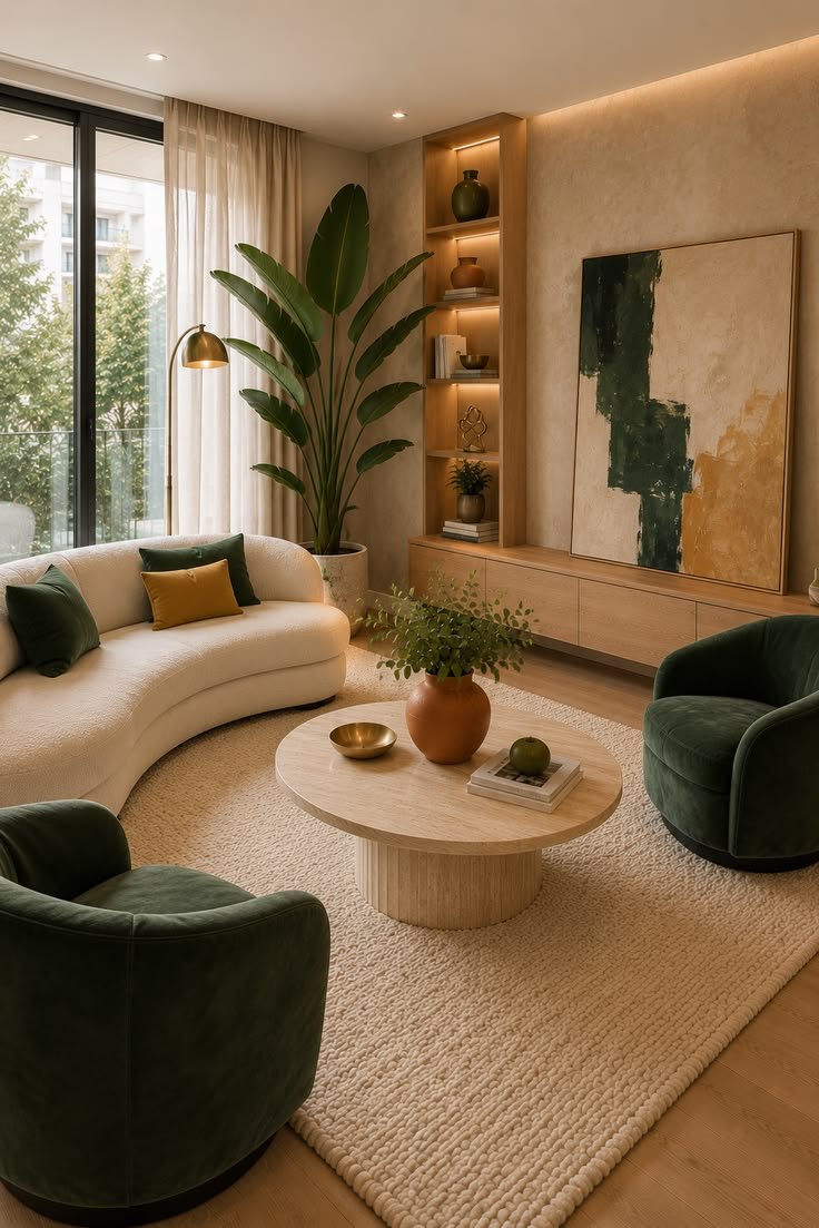 luxury emerald living room with curved sofa modern colorful interior ideas